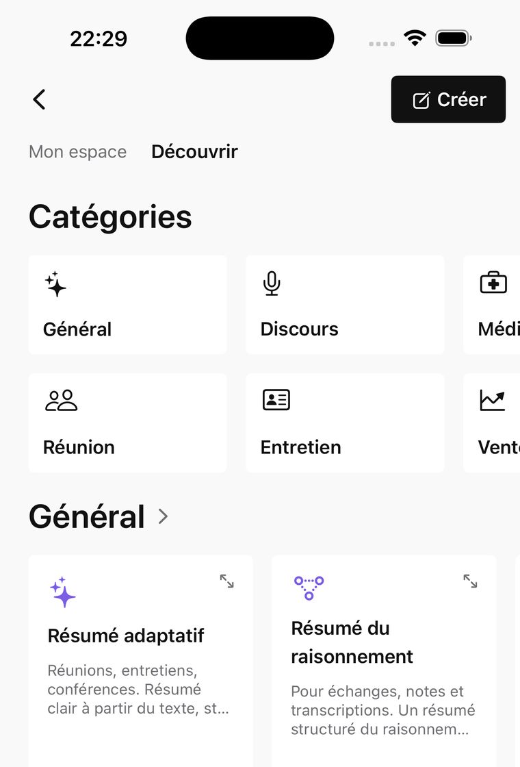 La bibliothèque de modèles dans l'application, avec ses catégories et ses fiches.