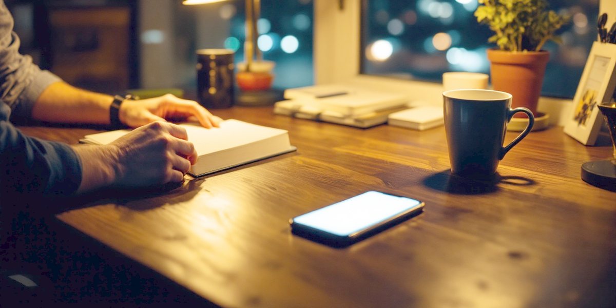 Un bureau de travail le soir, un carnet fermé et une tasse froide, un téléphone posé à plat sous une lampe.