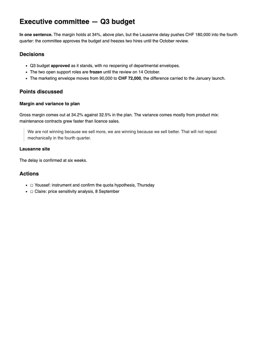 The note exported to PDF: title, one-sentence summary, decisions, points discussed and actions.