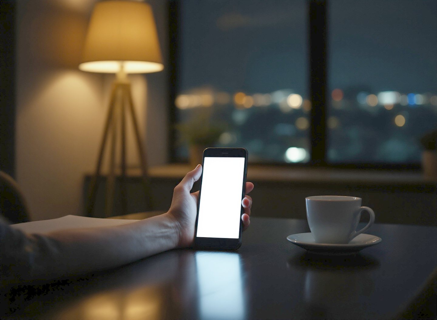 Une personne seule à une table sombre, tard le soir, relit une note sur son téléphone tenu à la main.